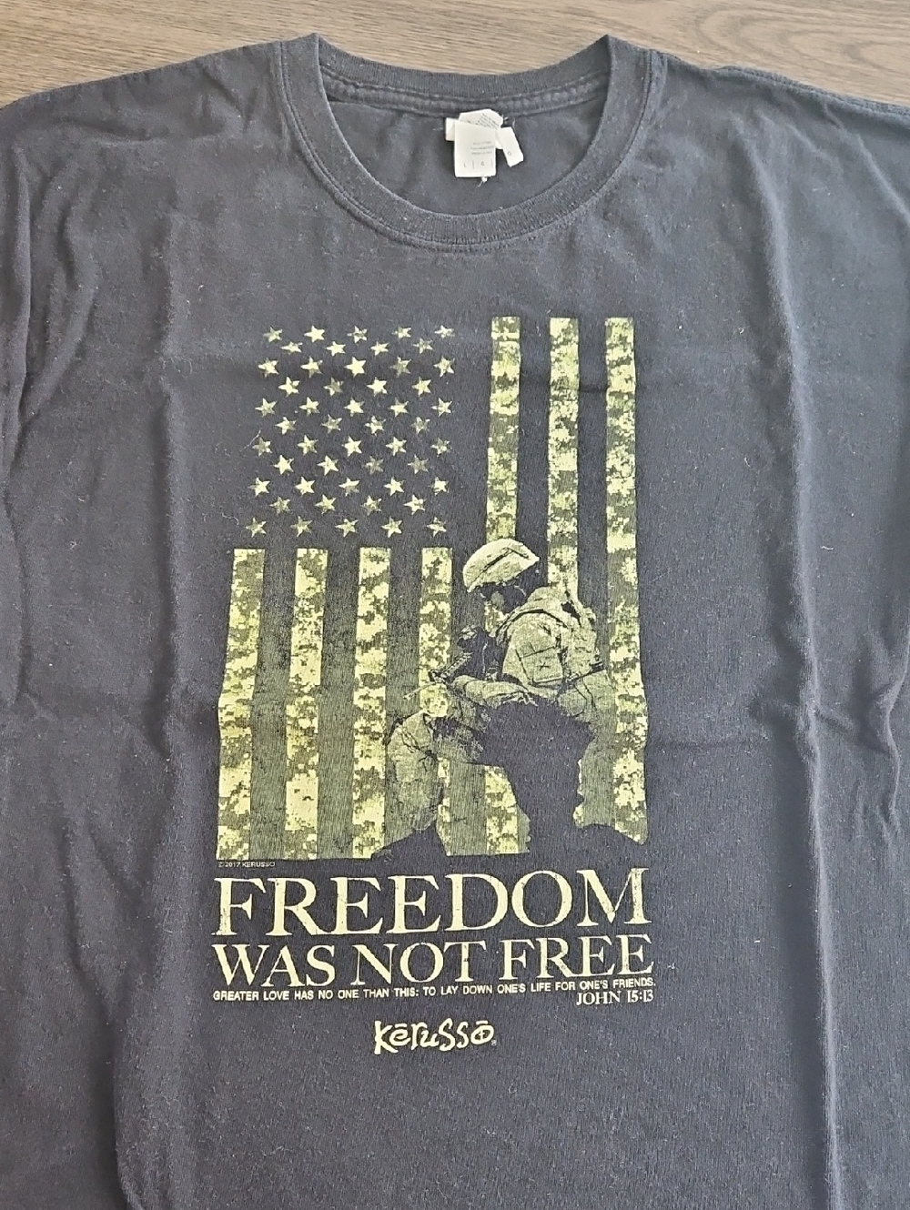 Gildan Black Short Sleeve Tee with Olive Camo Flag Graphic